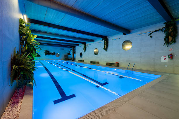 istock Modern Indoor Swimming Pool with Ambient Lighting and Green Decor 2210258583
