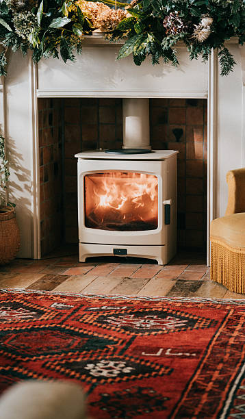istock A fireplace with a white stove in front of it 2210263294