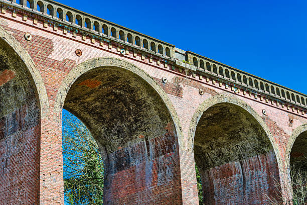 Low angle view of a concrete bridge with blue sky background. This image contain copy space for your image or message.Could be useful in a bridge metaphor composition.This is a detailed 3d rendering.