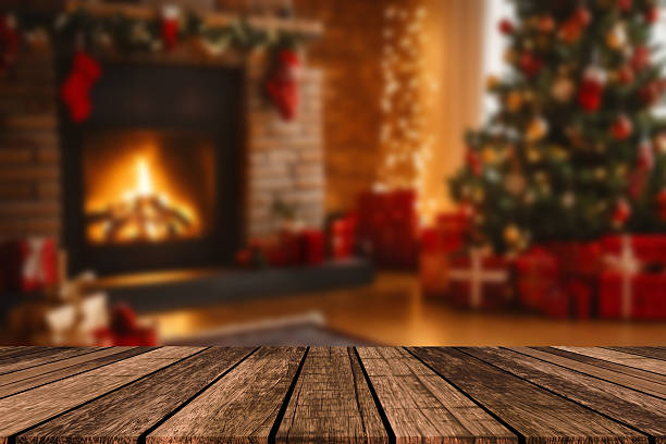 istock Christmas and New year background with empty dark wooden deck table over christmas tree and blurred light bokeh. Empty display for product montage. Rustic vintage Xmas background. 2210267739