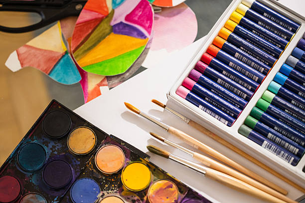 Close-up image of watercolor paint pans with vivid splashes, paintbrushes, and pastel sets in the background. Represents hands-on creativity, expression, and colorful experimentation.