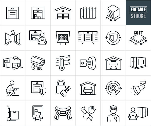 bildbanksillustrationer, clip art samt tecknat material och ikoner med storage unit thin line icons - editable stroke - icons include a storage locker, storage garage, storing, boxes, possessions, offsite storage, customer, person, moving, moving truck, security, lock and key - förvaringsfack