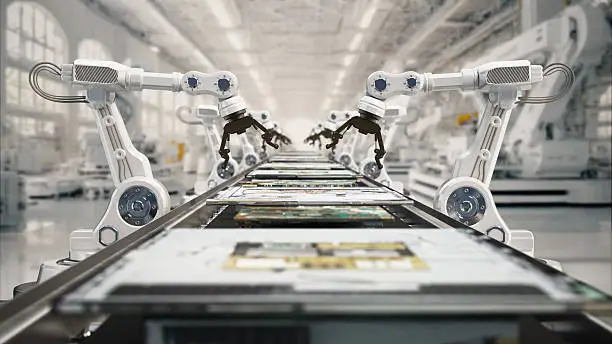 Photo of Advanced robotics operates in a high-tech assembly line for electronic devices at a manufacturing facility. 3D illustration