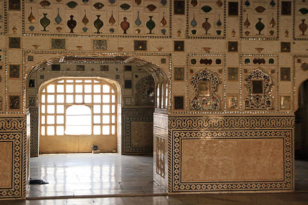 India. Rajasthan. Jaipur. Amber fort. Decoration detail of the Ganesh Gate