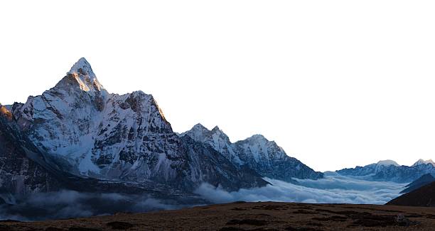 Evening view of Ama Dablam isolated on white sky background, Nepal Himalayas mountains