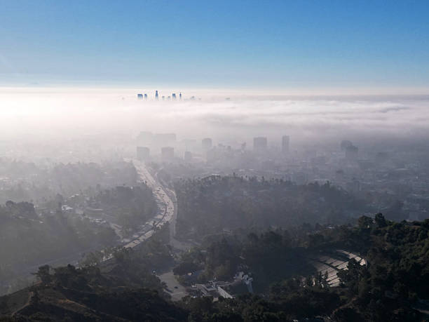 Drone view of Los Angeles in a fog
