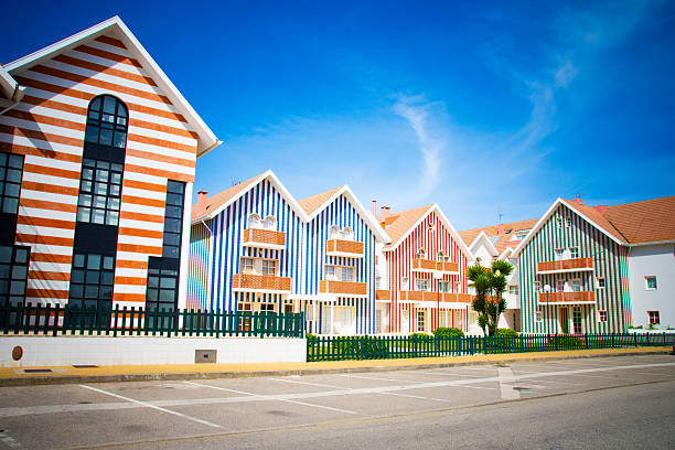 istock Brightly colored striped houses in a row under a clear blue sky. 2210298548