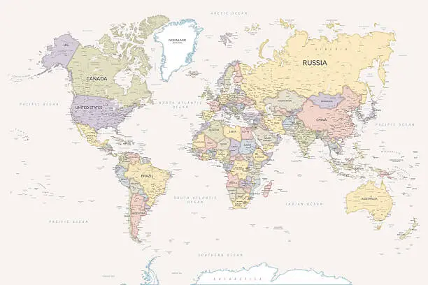 World Map - 고품질 인쇄 벡터 지도 부드러운 퇴색 베이지 색 세계 지도 World Map - 고품질 인쇄 벡터 지도 부드러운 퇴색 베이지 색 세계 지도