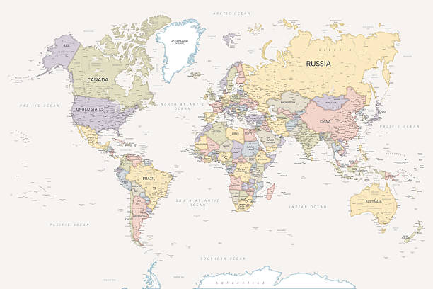 High-resolution political world map showing all countries with their borders, names, and major geographical features. The map displays continents, oceans, and national territories in different colors, providing a clear and detailed global overview. Ideal for educational, editorial, or design purposes.