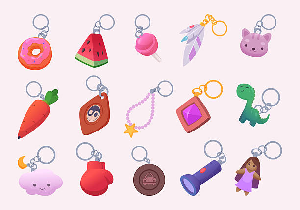 Trinket for key. Decorative feathers for backpacks or keychains exact vector funny elements Trinket for key. Decorative feathers for backpacks or keychains exact vector funny elements original artwork round fruit hanging stock illustrations