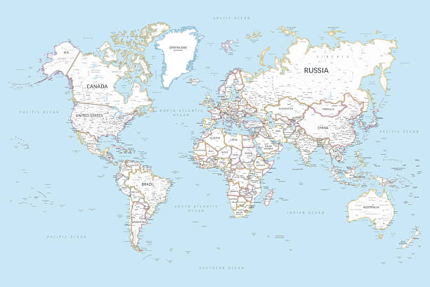 High-resolution political world map showing all countries with their borders, names, and major geographical features. The map displays continents, oceans, and national territories in different colors, providing a clear and detailed global overview. Ideal for educational, editorial, or design purposes.