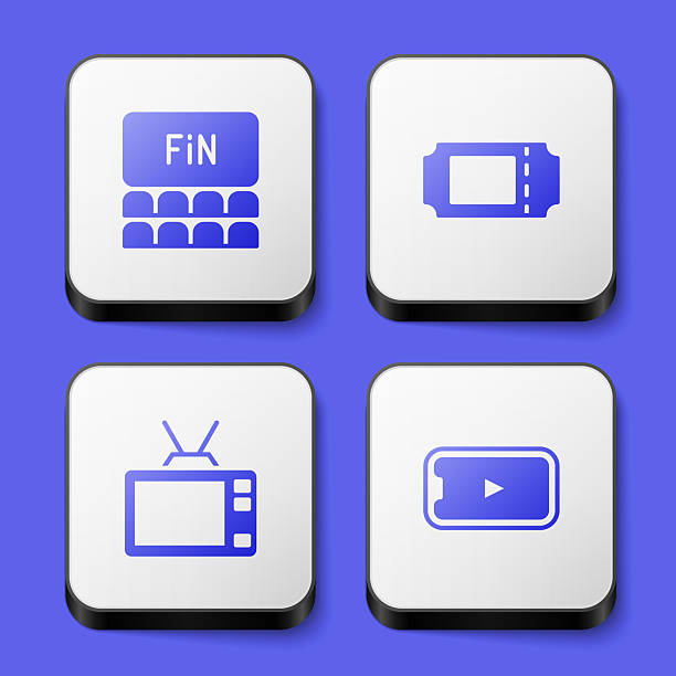 istock Set Cinema auditorium with screen, ticket, Retro tv and Online play video icon. White square button. Vector 2210314225
