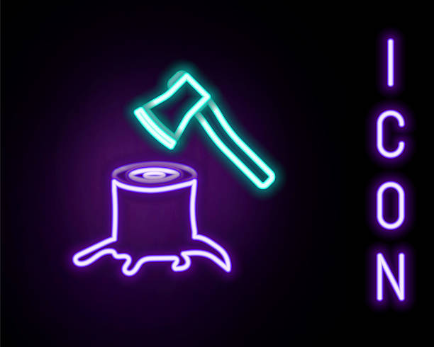 istock Glowing neon line Wooden axe in stump icon isolated on black background. Lumberjack axe. Axe stuck in wood. Colorful outline concept. Vector 2210315555