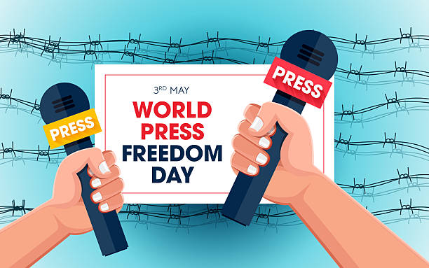 3rd May World press freedom day. World Press Freedom Day conceptual social media banner, post with two hands holding microphone clasp by barbed wire. A Press for the Planet, Journalism in the face of the Environment. 3rd May World press freedom day. World Press Freedom Day conceptual social media banner, post with two hands holding microphone clasp by barbed wire. A Press for the Planet, Journalism in the face of the Environment. Vector stock illustration anchor free pic stock illustrations