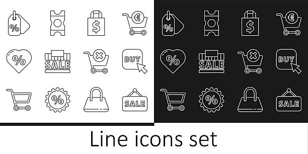 Set line Hanging sign with Sale, Buy button, Shoping bag and dollar, Shopping building sale, Discount percent tag heart, Remove shopping cart and Coupon icon. Vector Set line Hanging sign with Sale Buy button Shoping bag and dollar Shopping building sale Discount percent tag heart Remove shopping cart and Coupon icon. Vector. priority baggage tag stock illustrations