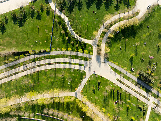 istock Paths in the green summer park top aerial view 2210325367