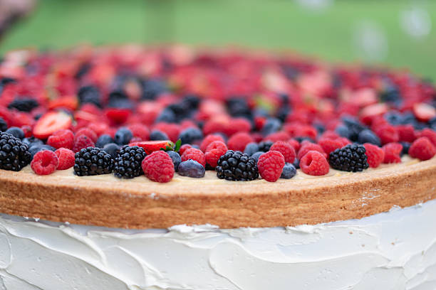 A gorgeous cake, creamy and topped with fresh raspberries, blueberries, and blackberries, showcased at an outdoor gathering.