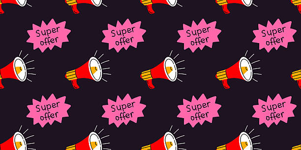 Bright pattern featuring megaphones and offer signs, perfect for promotional designs or marketing themes A vibrant design showcases red megaphones and pink offer signs scattered against a dark background, ideal for attracting attention during promotions or sales events. strategic themes stock illustrations
