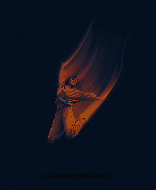 Gen Z woman dancer jumping, distorted image, orange and blue colors, blurred motion