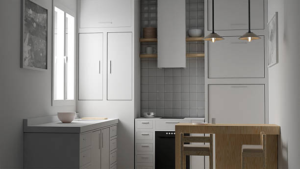 istock 3d design of a modern kitchen with a small space with white walls, kitchen 2210335461