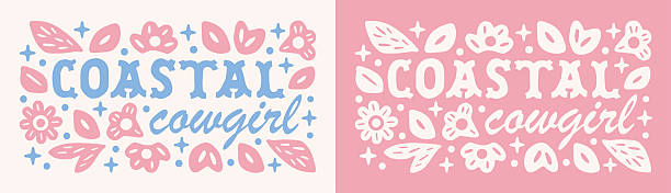 Coastal cowgirl floral east coast pastel pink blue girly aesthetic country girl beach party theme cute lettering retro vintage preppy sticker shirt design poster print Coastal cowgirl floral east coast pastel pink blue girly aesthetic western country girl beach party theme cute lettering banner header. Retro vintage boho flowers celestial cosmic disco preppy women shirt design printable sticker card poster print. bachelorette beach stock illustrations