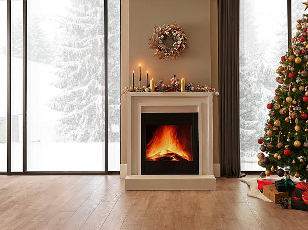 istock Christmas tree, ornaments, fireplace and interior room style, brick wall background, snowy forest view. 2210336340