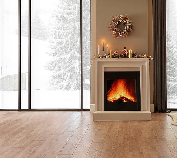 istock Christmas tree, ornaments, fireplace and interior room style, brick wall background, snowy forest view. 2210336482