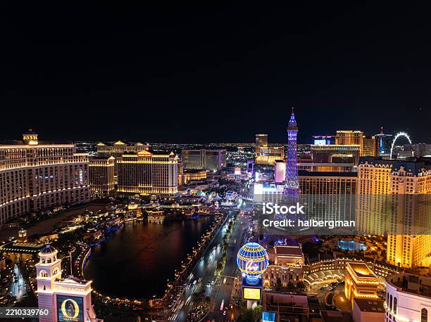 Aerial Shot Of Luxury Hotel And Resort In Las Vegas Nevada At Night Stock Photo - Download Image Now