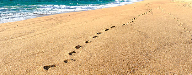 footprint in the sand in empty beach with sea background