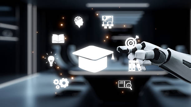 istock Futuristic Robot Hand Interacting with Educational Icons in a Smooth Digital Space Representing Learning and Technology Advancement. Auvana 2210344378