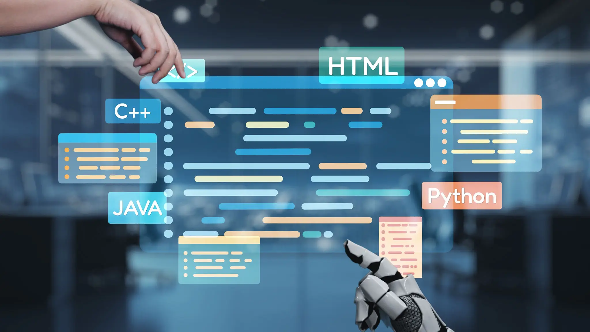 컴퓨터와 함께하는 파이썬 함수 초보자 가이드 2 Human hand interacting with a robotic hand amidst programming code displayed in various programming languages for technology and innovation themes. Auvana