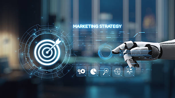 istock Futuristic Robot Hand Interacting With Transparent Screen Showcasing Marketing Strategy Concept In Modern Office Environment. Auvana 2210344529