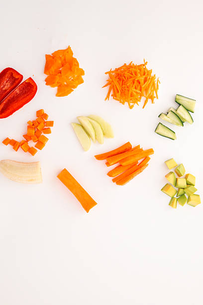 istock An assortment of freshly cut vegetables and fruits arranged on a white background. Includes carrot, cucumber, avocado, apple, banana, bell pepper, and tomato in different cuts for culinary concepts 2210345101