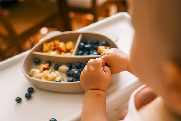 istock Toddler self-feeding with sliced peaches, bananas, and blueberries from a divided plate on a highchair. Perfect for baby-led weaning, healthy snacking, and developing fine motor skills 2210345155