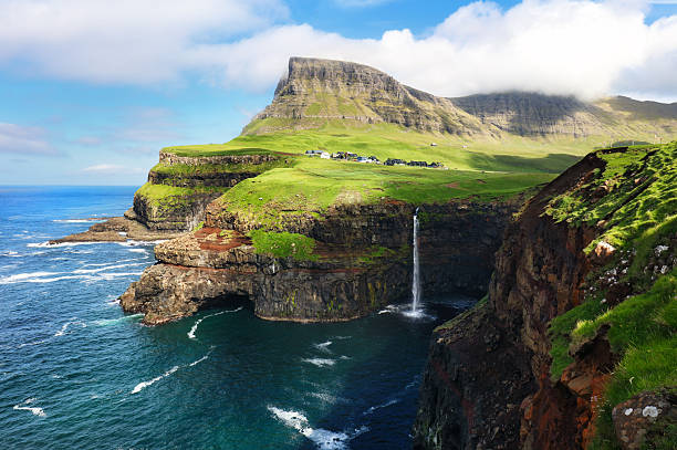 istock Faroe island with waterfall and green mountain 2210351347
