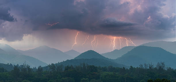 Lightning bolts strike across mountain ridges under dramatic storm clouds, capturing the power and beauty of nature during a thunderstorm over a forested landscape.