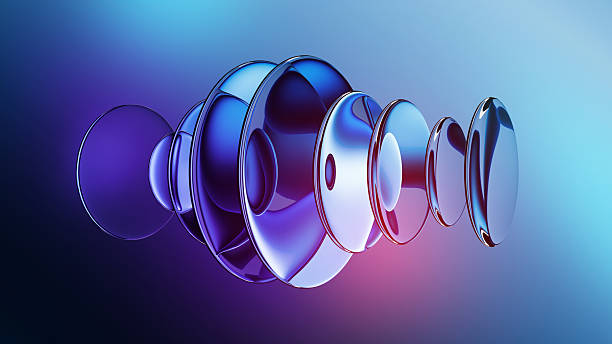istock 3d rendering. Abstract futuristic background featuring round lenses. Modern aesthetic concept, in shades of blue and purple 2210364328