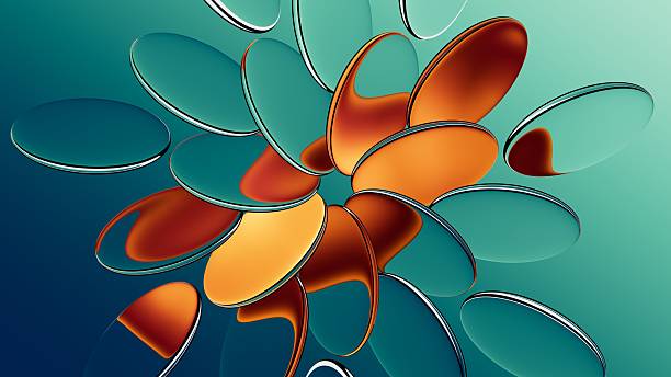 istock 3D rendering. Abstract geometric background. Oval glass lenses scattered. Transparent oval scales 2210364419