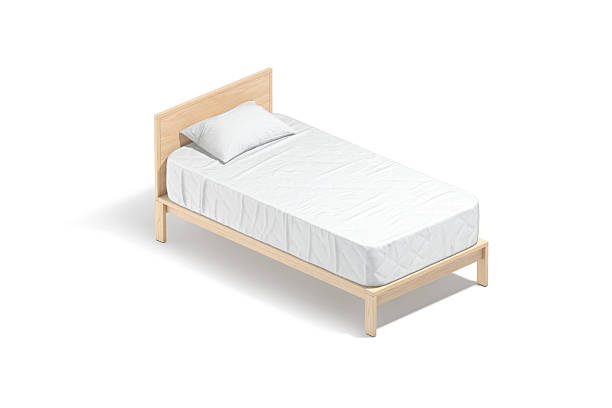 istock Blank wooden single bed with white bedding mockup, side view 2210368197