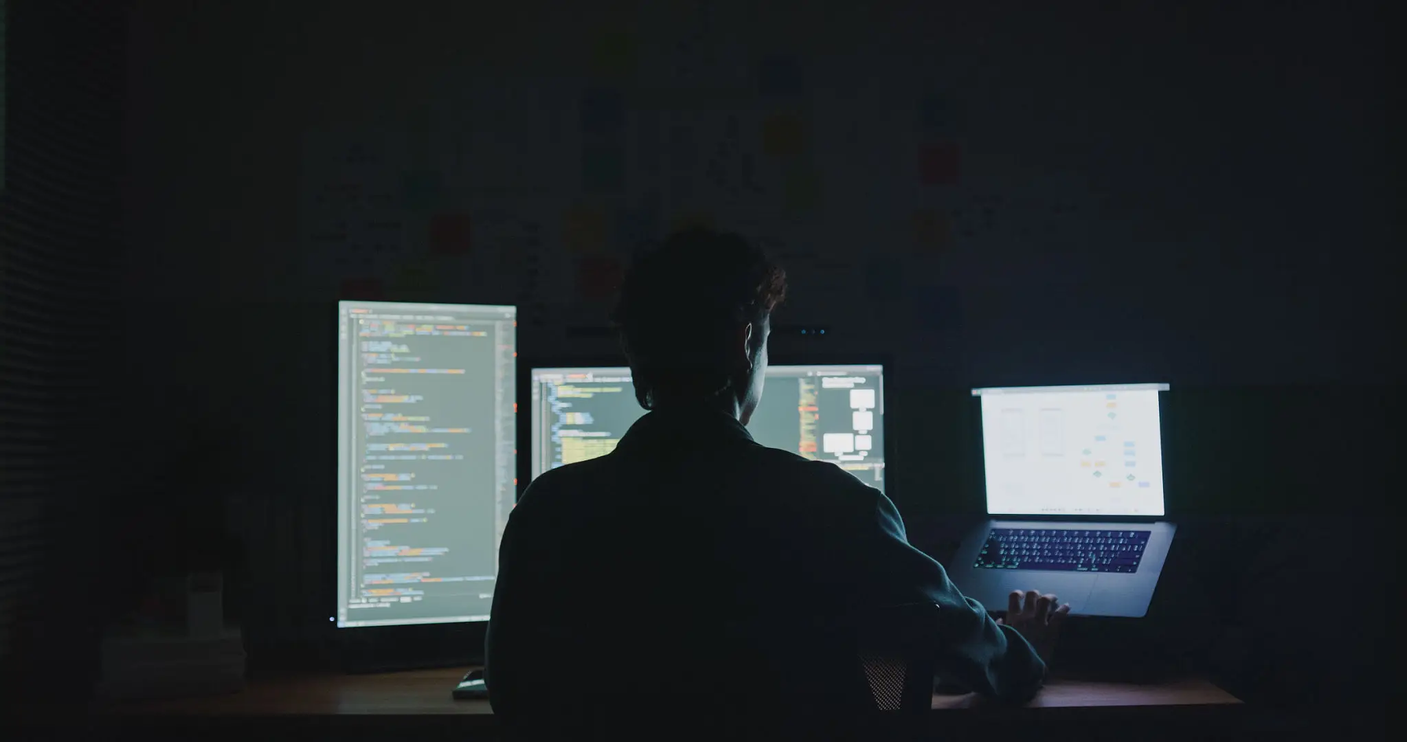 컴퓨터와 파이썬: 함수의 신비 (Computer and Python: The Mystery of Functions) 2 Young man software engineer working late on AI prompts and web designs coding user experience on computer in bedroom at home night. Software developer, artificial intelligence and programmer.