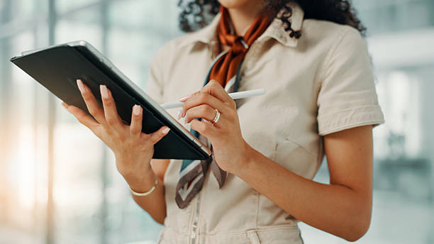 istock Office, person and hands with tablet for writing, email information and feedback to client. Career, employee and business consultant with digital for research, creative agency and report for review 2210370214