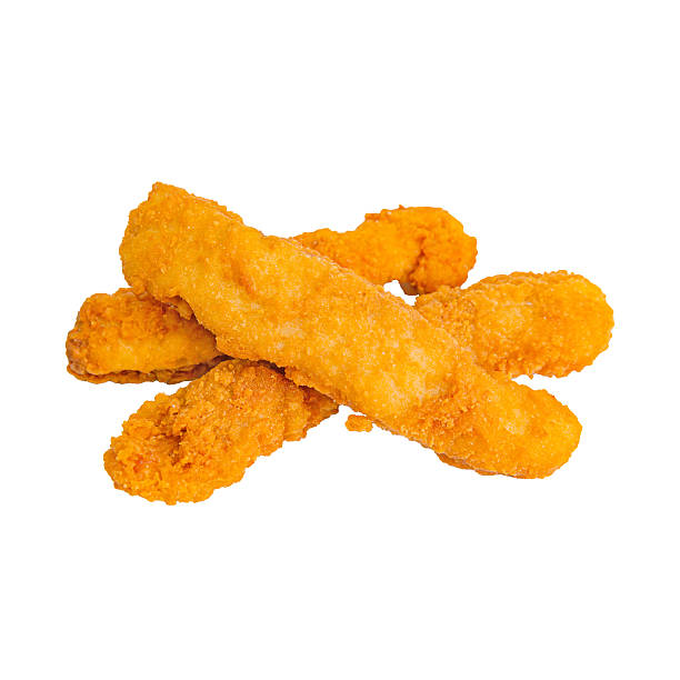 istock Fried whiting fillet pieces golden crispy coating arranged diagonally, isolated white background clean studio style 2210370303