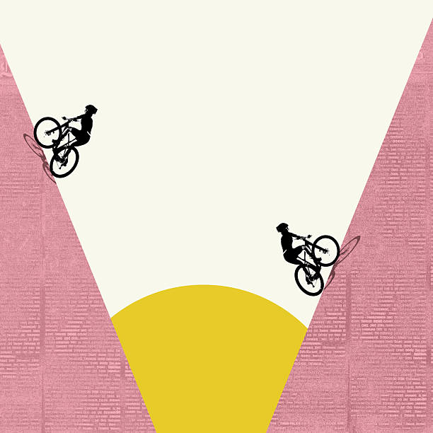 istock Conceptual art collage. Cyclists racing on mirrored slopes. Graphic landscape. Hard shadows. Tension and speed. Training rhythm. Rivalry. Textured effect. 2210376999