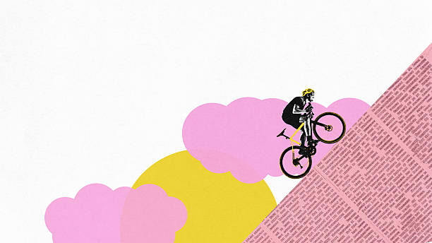 Conceptual art collage. Cyclist riding through pastel clouds and yellow sun. Dreamy texture. Calm strength. Concept of sport, surreal motion, mental clarity, lightness, performance.