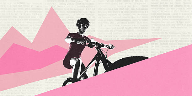 istock Conceptual art collage. Close-up cyclist in pink abstract landscape. Forceful movement. Textured effect. Energy push. 2210377003