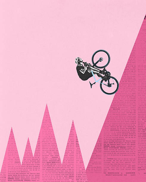 istock Modern collage artwork. Cyclist flying upward across angular pink mountains and digital textures. Solo performance. Textured effect. 2210377014