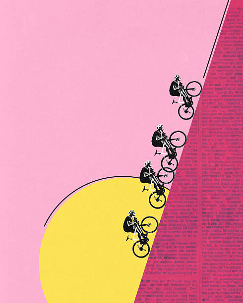 istock Contemporary art collage. Cyclist repeating motion on steep incline with yellow sun and digital pink ground. Sport rhythm. Textured effect. 2210377021