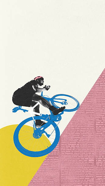 istock Conceptual collage artwork. Cyclist with pink helmet on digital slope, as on hill during tournament. Speed burst. Bright textured composition. 2210377022