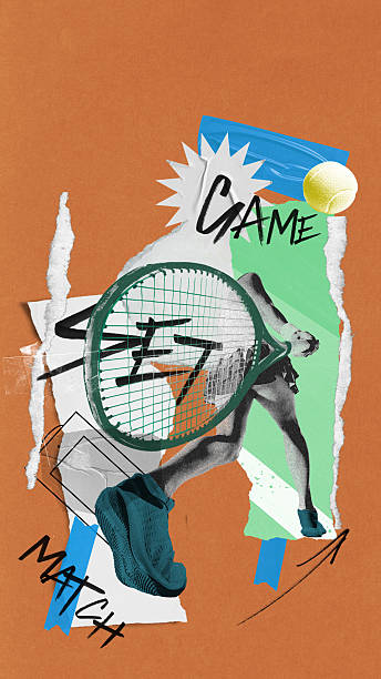 istock Poster. Contemporary art collage. Explosive forehand swing framed by bold words game set match and geometric layers. 2210378813
