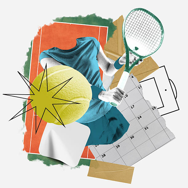 istock Poster. Contemporary art collage. Dynamic forehand motion over giant yellow ball and torn calendar. Concept of professional sport 2210378814